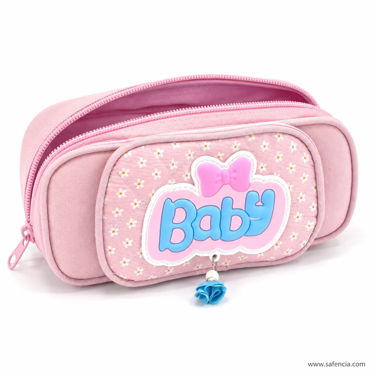 Baby bow pencil case with the upper compartment unzipped and open