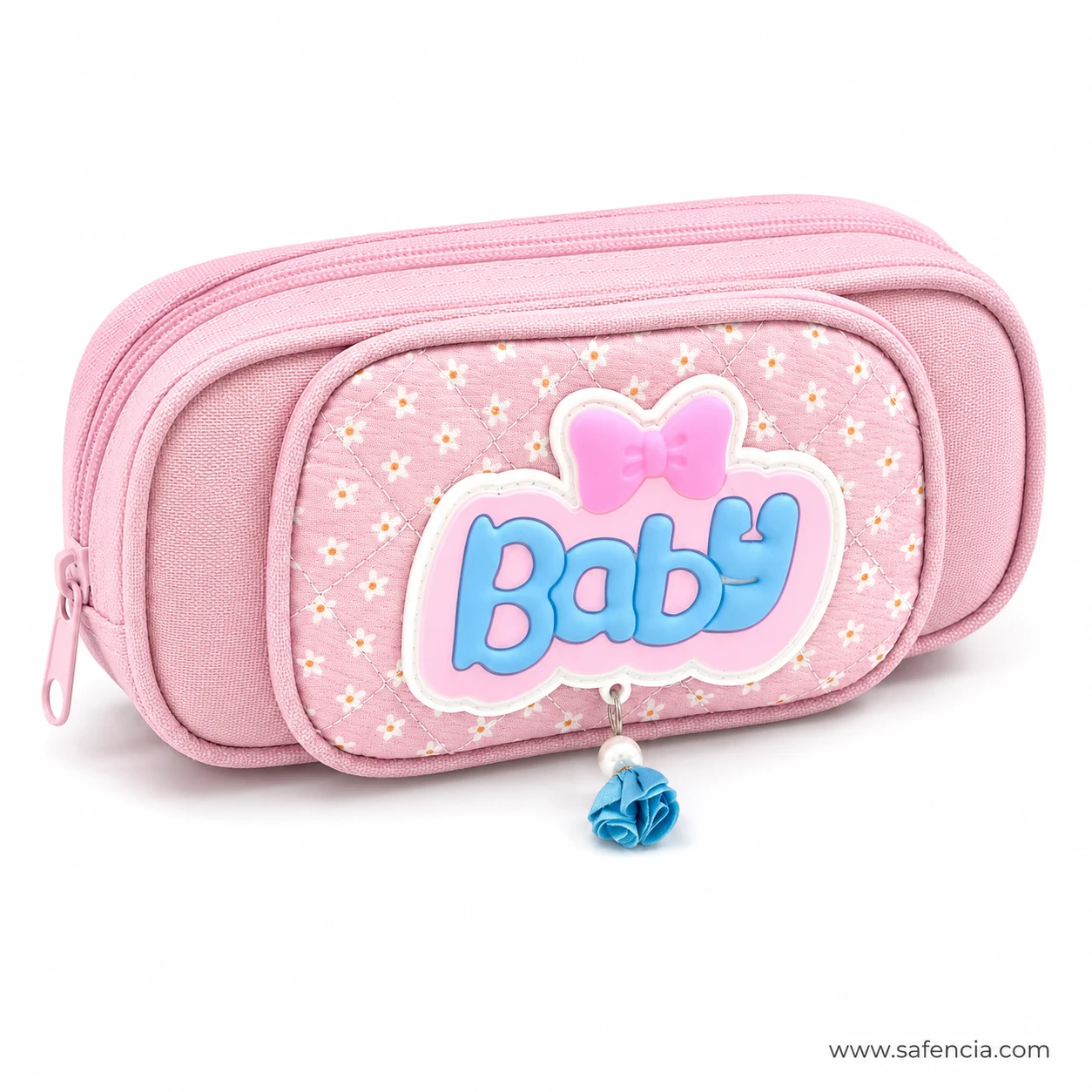 Pink pencil case showing the moulded blue rose charm on the lower zip