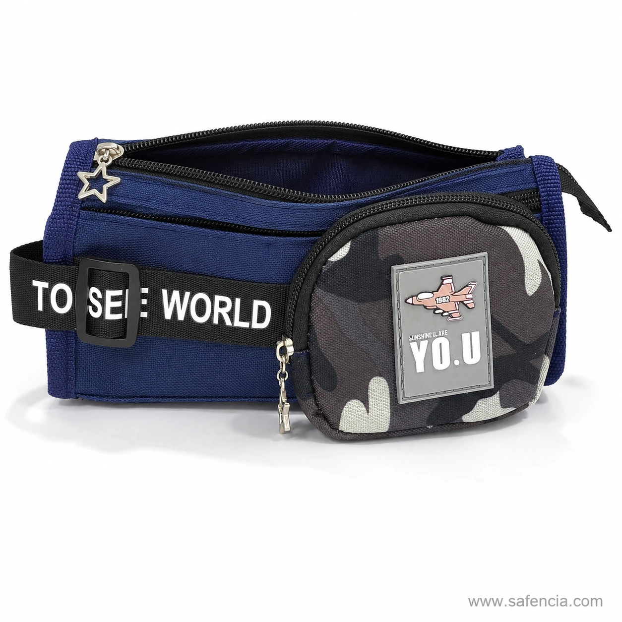Navy utility pencil pouch angled view showing its firm boxed sides