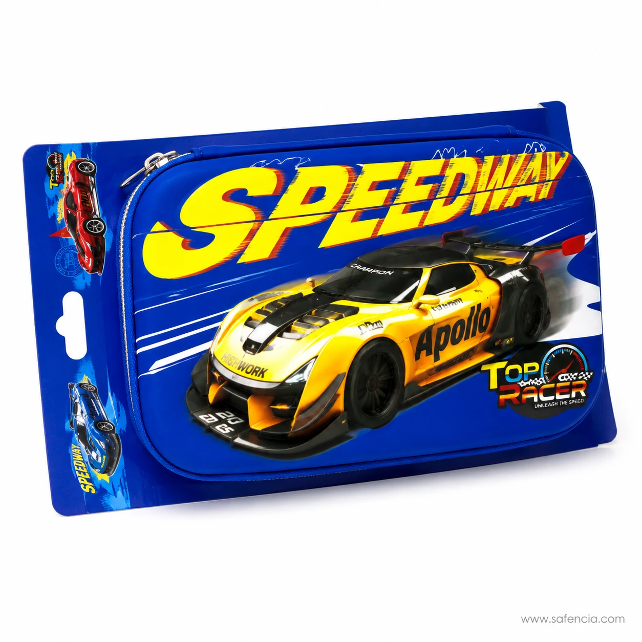 Speedway pencil pouch showing the printed die-cut hanging card