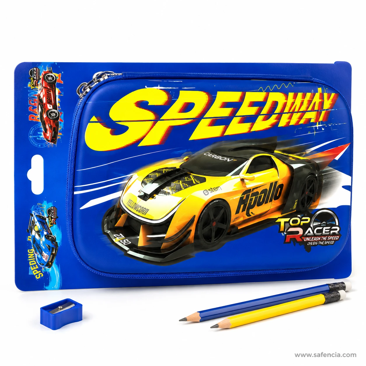 Speedway flat pencil pouch beside two pencils and a small sharpener