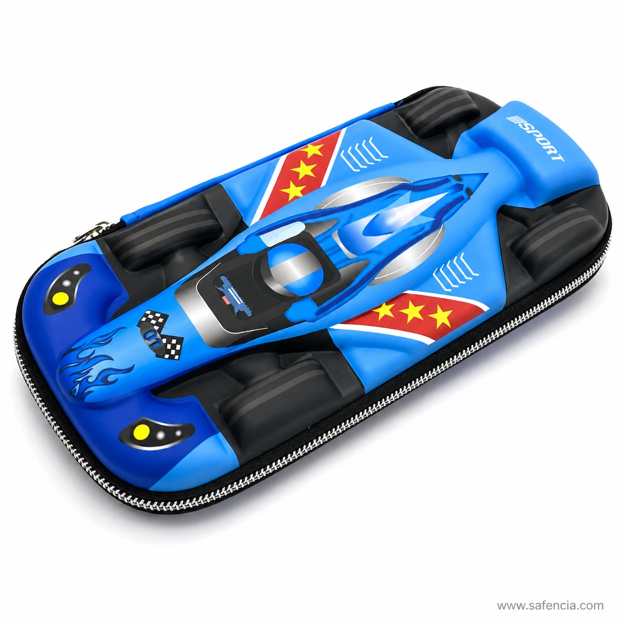 Formula car pencil case angled view showing the standing moulded tyres