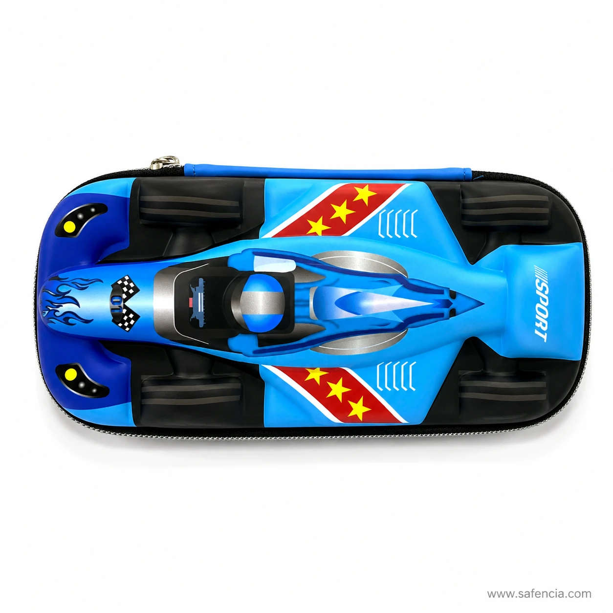 Formula car pencil case side view showing the zip around the base