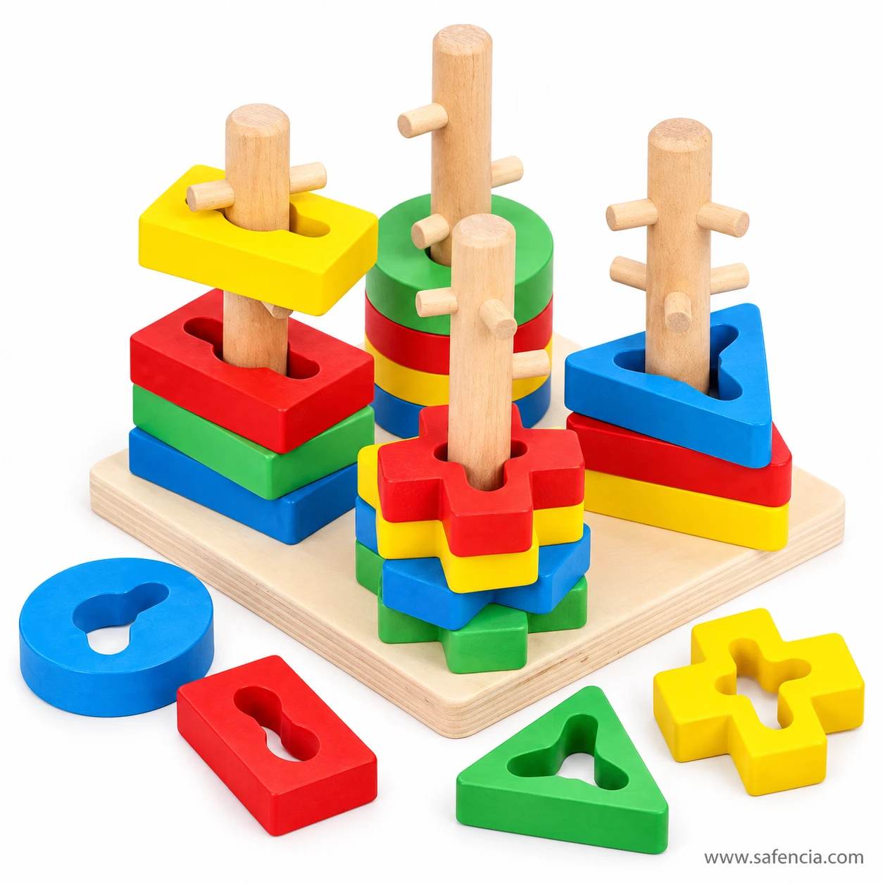 Four-column wooden sorter with a circle, rectangle, triangle and cross lifted off to show their keyed slots