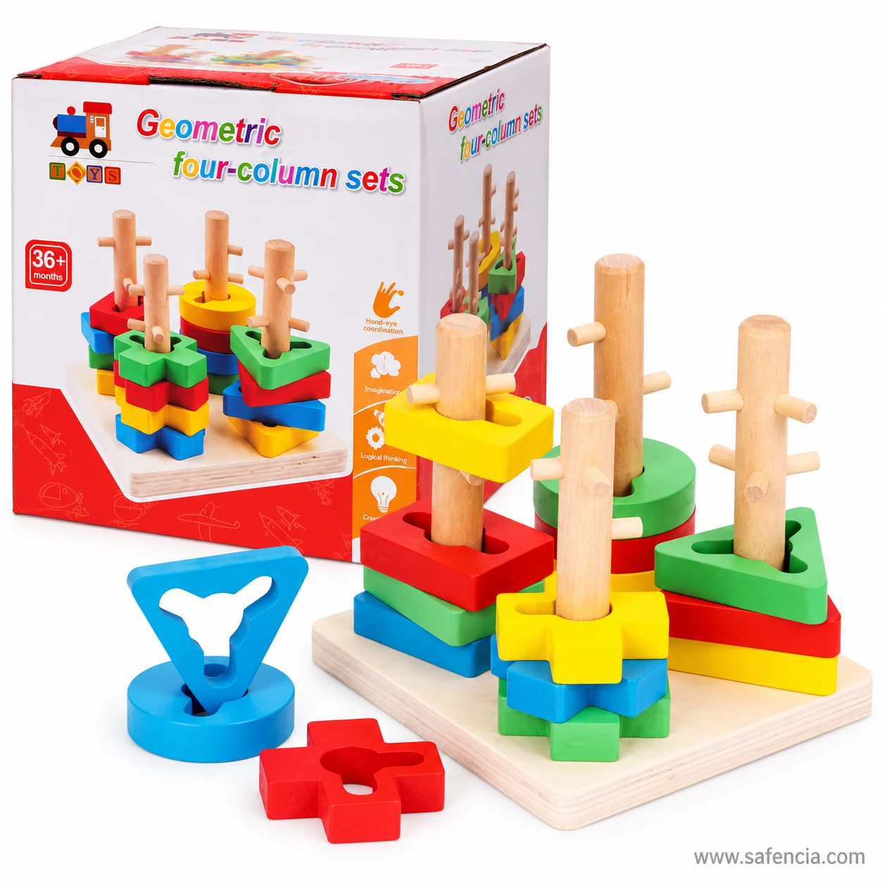 Geometric four-column sets retail carton marked 36+ months beside the assembled wooden sorter