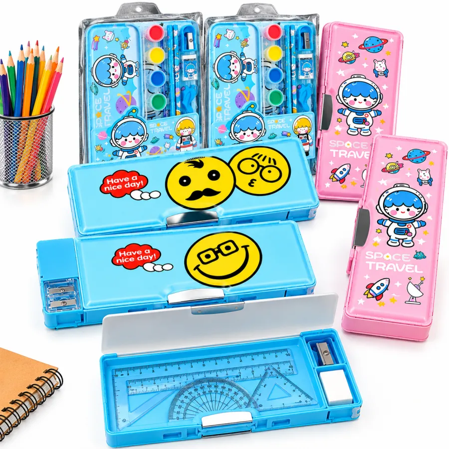Safencia geometry box range in Pakistan — Dux instrument sets with compass and protractor, printed metal pencil boxes, magnetic boxes with a pull-out sharpener drawer and hard geometry cases