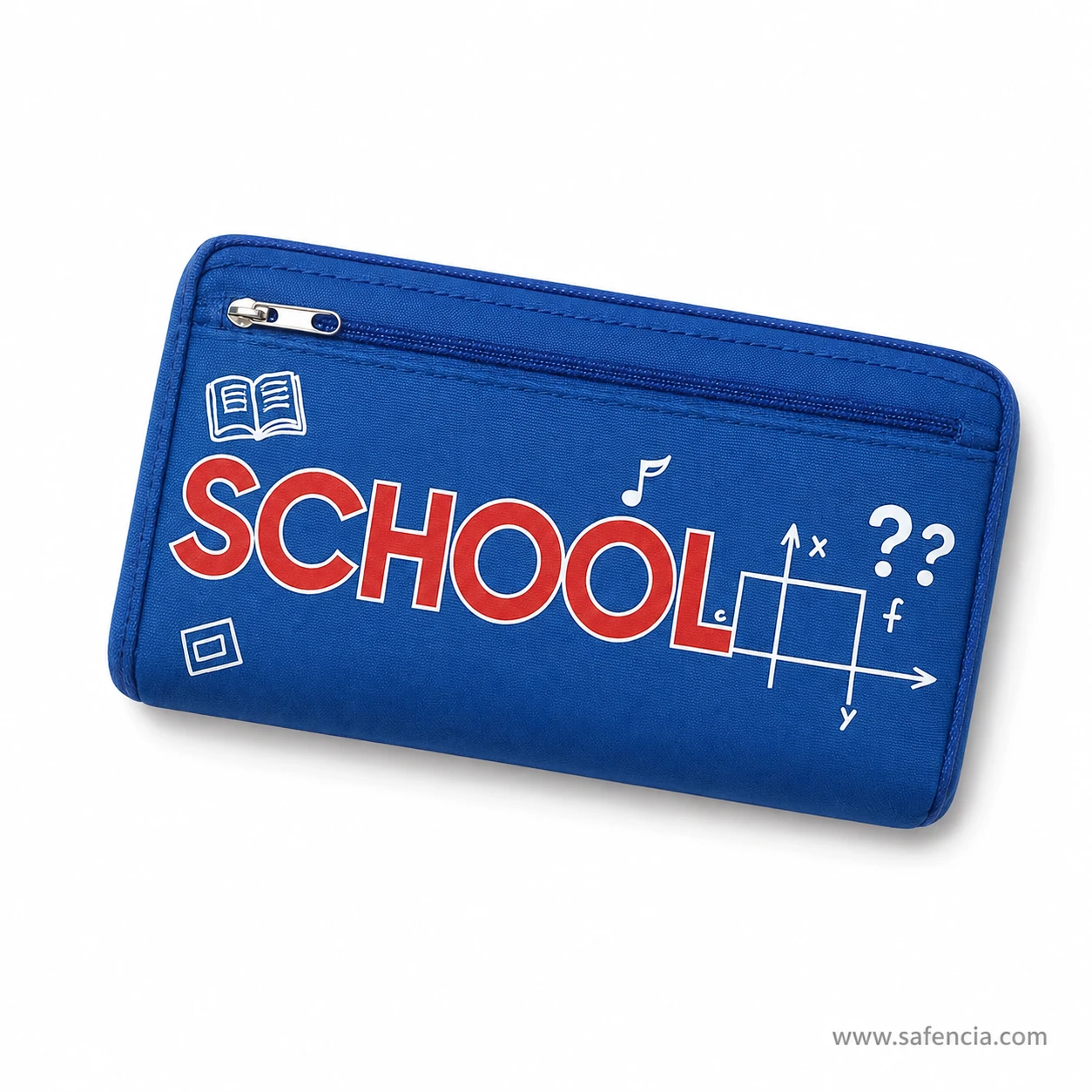 School doodle flat pencil pouch at an angle showing its slim profile