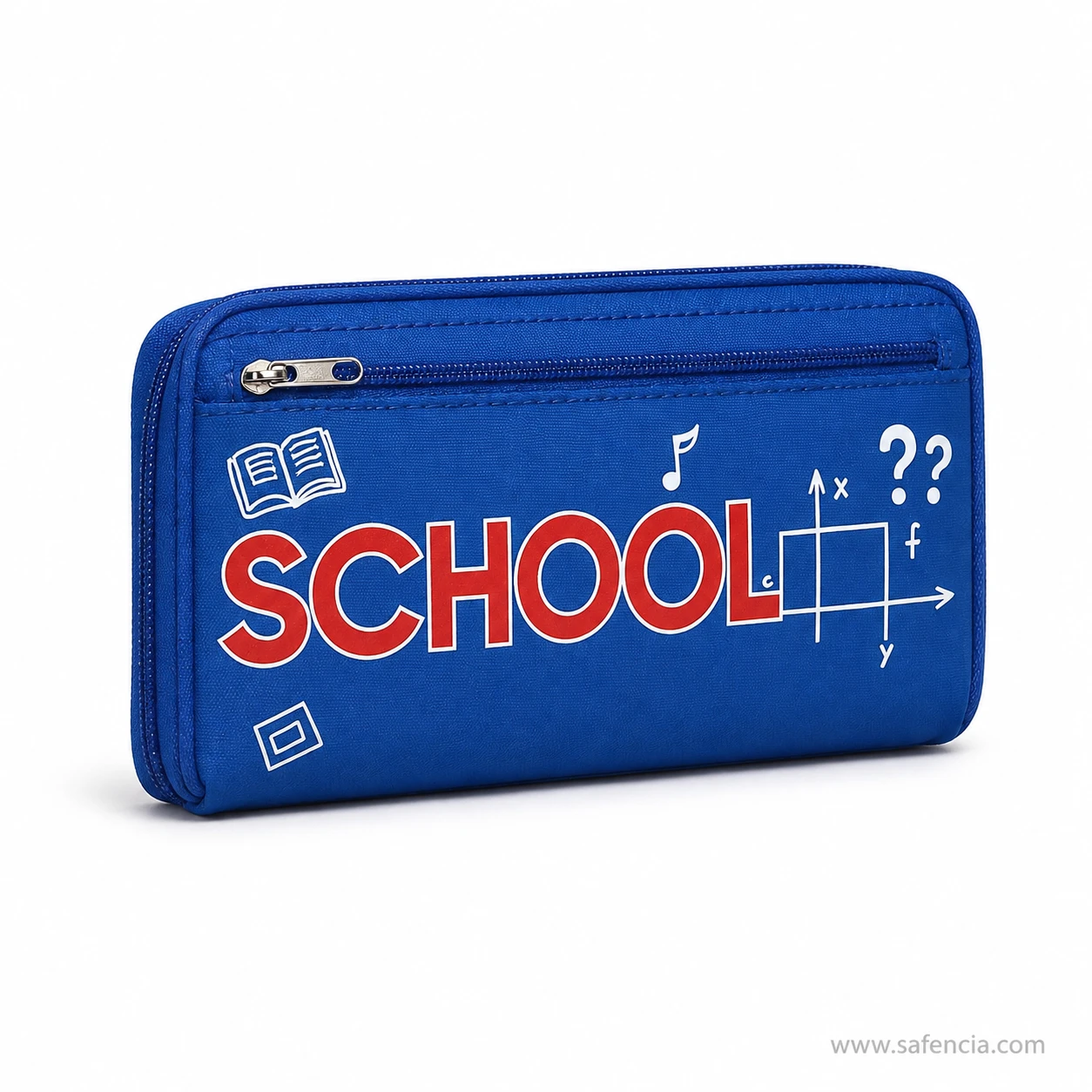 School doodle pencil pouch close view of the metal zip along the top