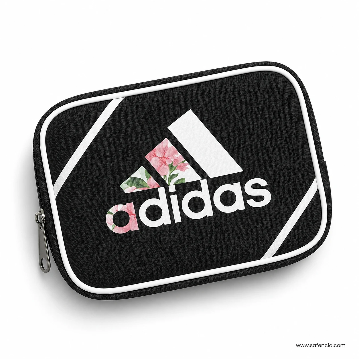 Adidas geometry pouch at an angle showing the top zip and metal pull