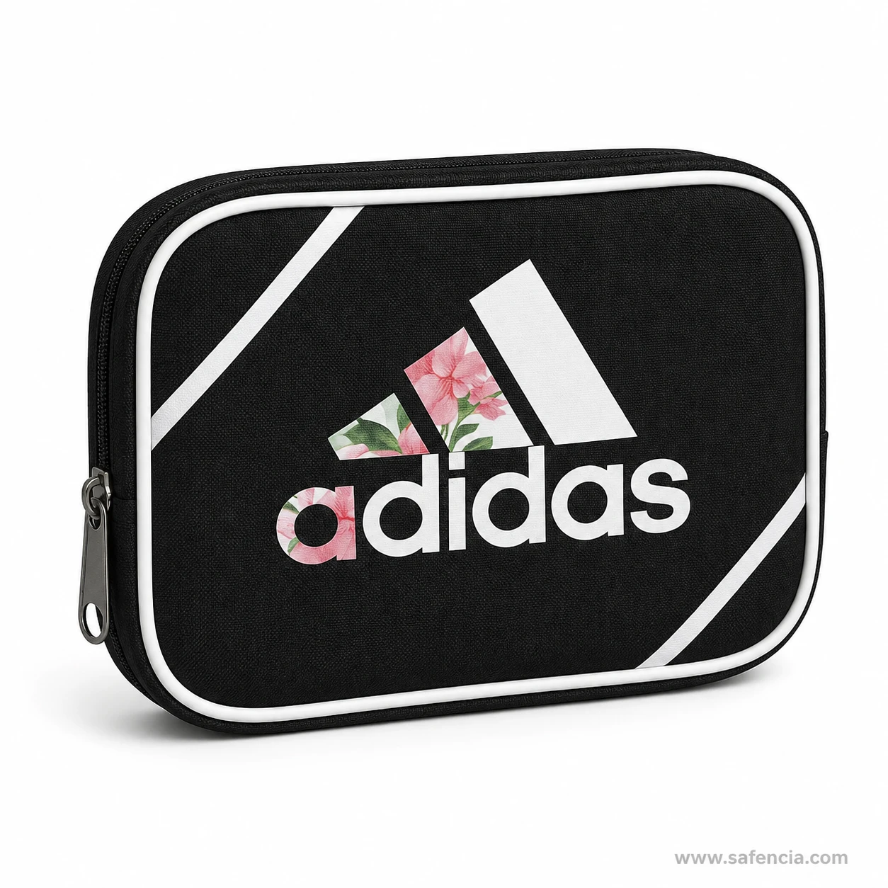 Close view of the floral filled logo and lettering on the black zip pouch