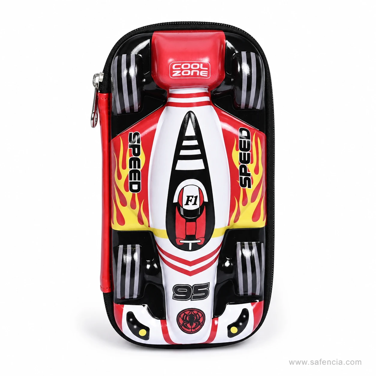 Race car pencil case at an angle showing sculpted suspension and tyres