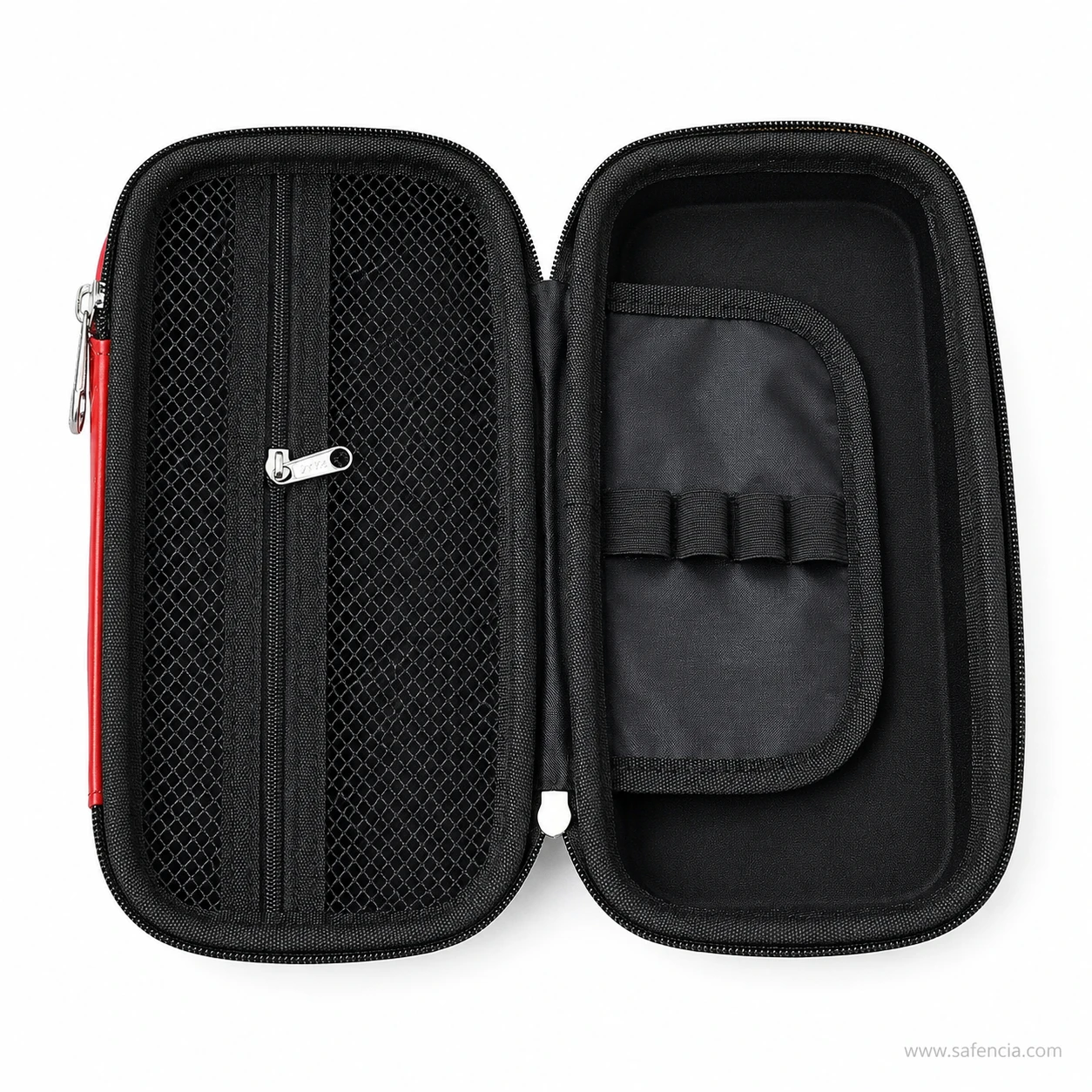 Race car pencil case open showing mesh pocket, pen loops and divider