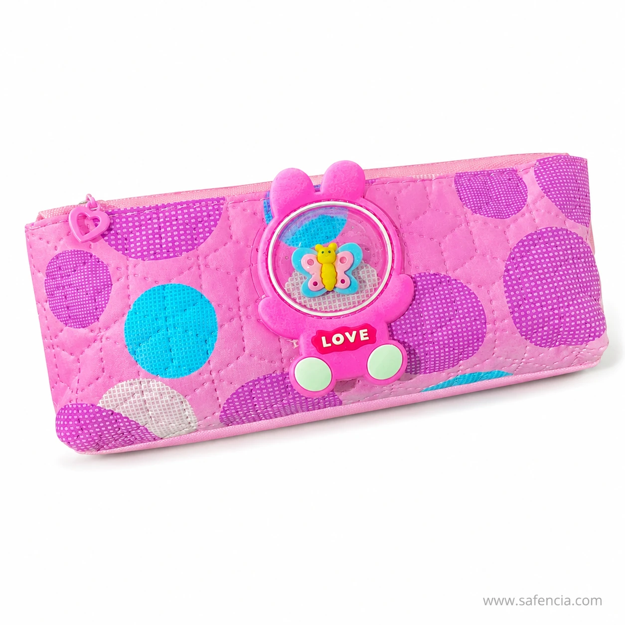 Close view of the domed butterfly badge and LOVE tab on the pouch