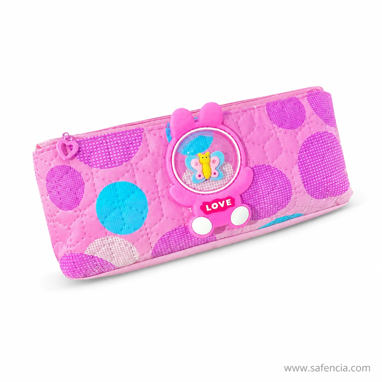 Pink polka dot pencil pouch angled view showing the quilted stitching