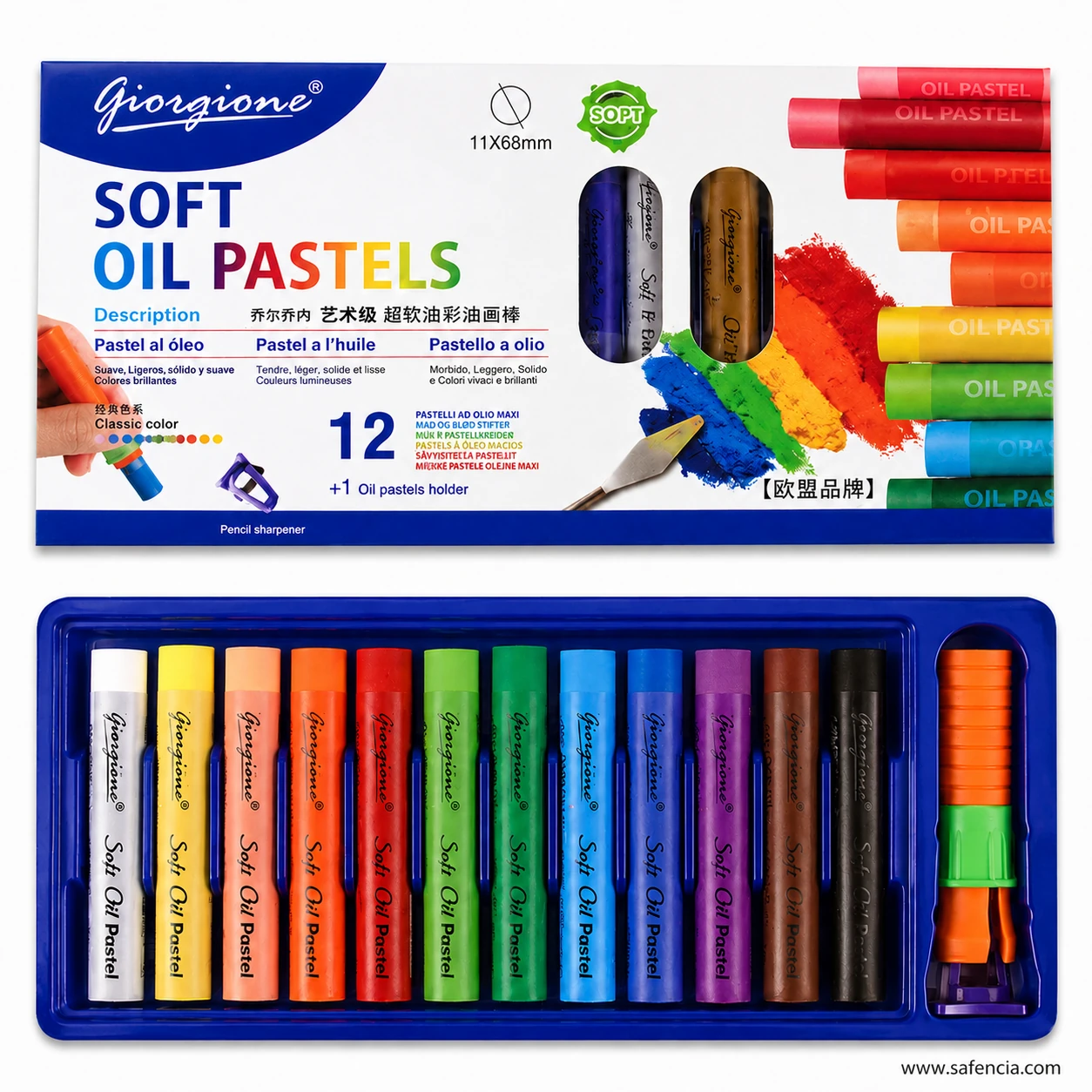 Giorgione Soft Oil Pastels 12-colour set box and blue tray of pastels