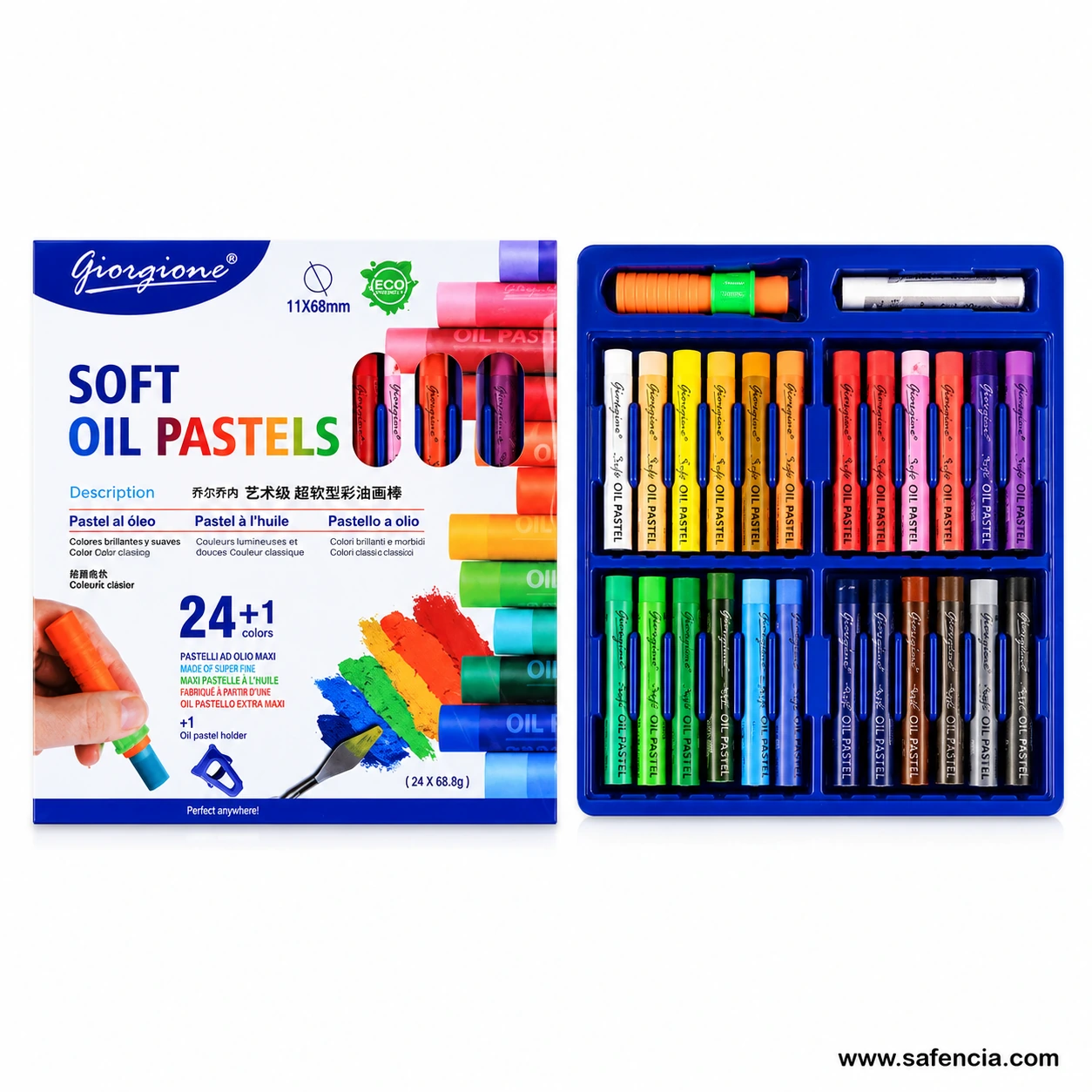 Giorgione Soft Oil Pastels 24-colour set box and blue tray of pastels
