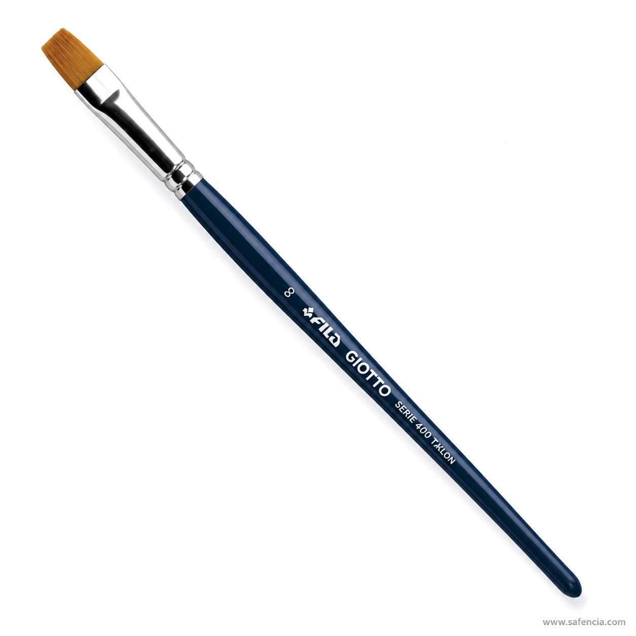 Giotto flat brush showing the crimped nickel ferrule behind the taklon head