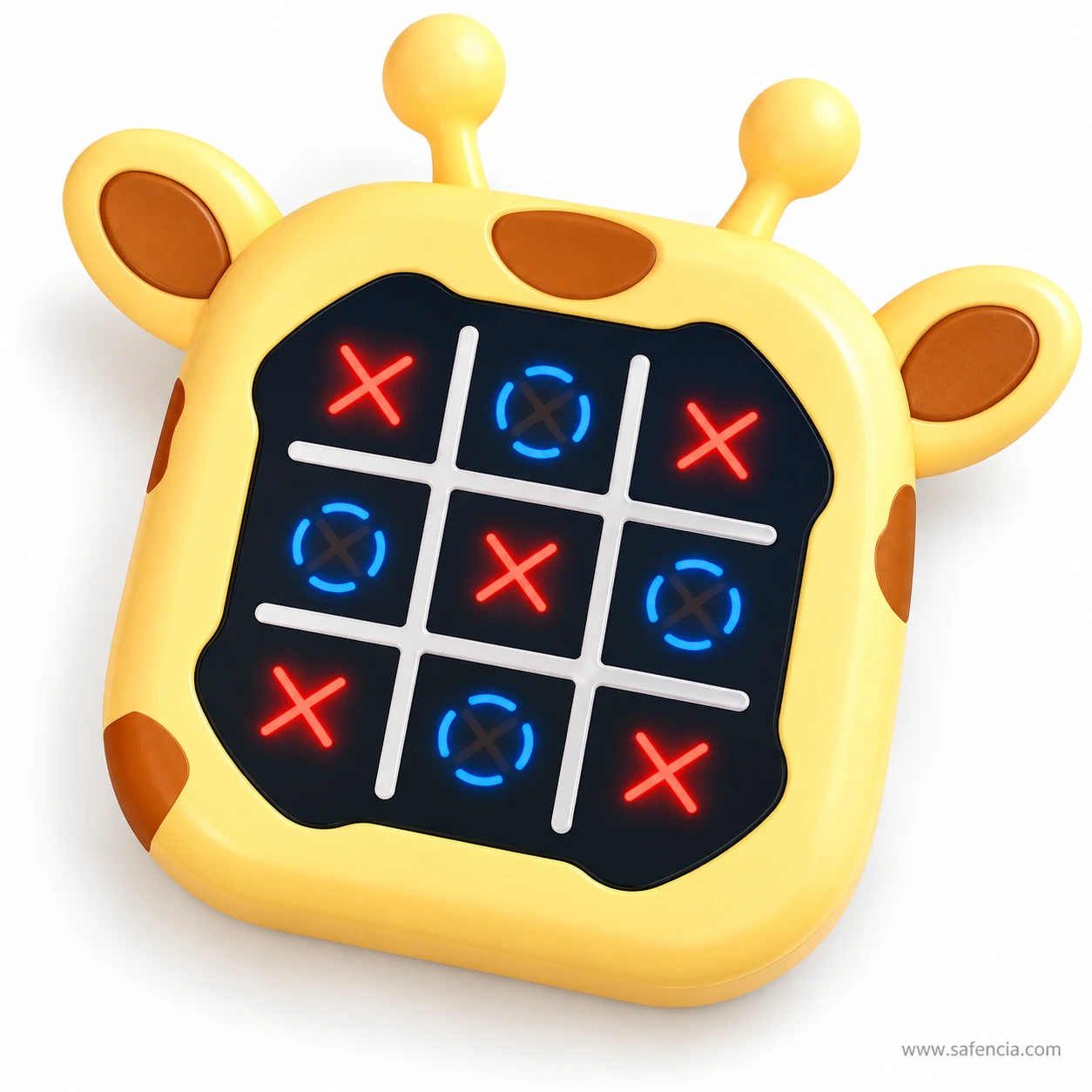 Giraffe electronic tic-tac-toe game with all nine squares lit in red X and blue O