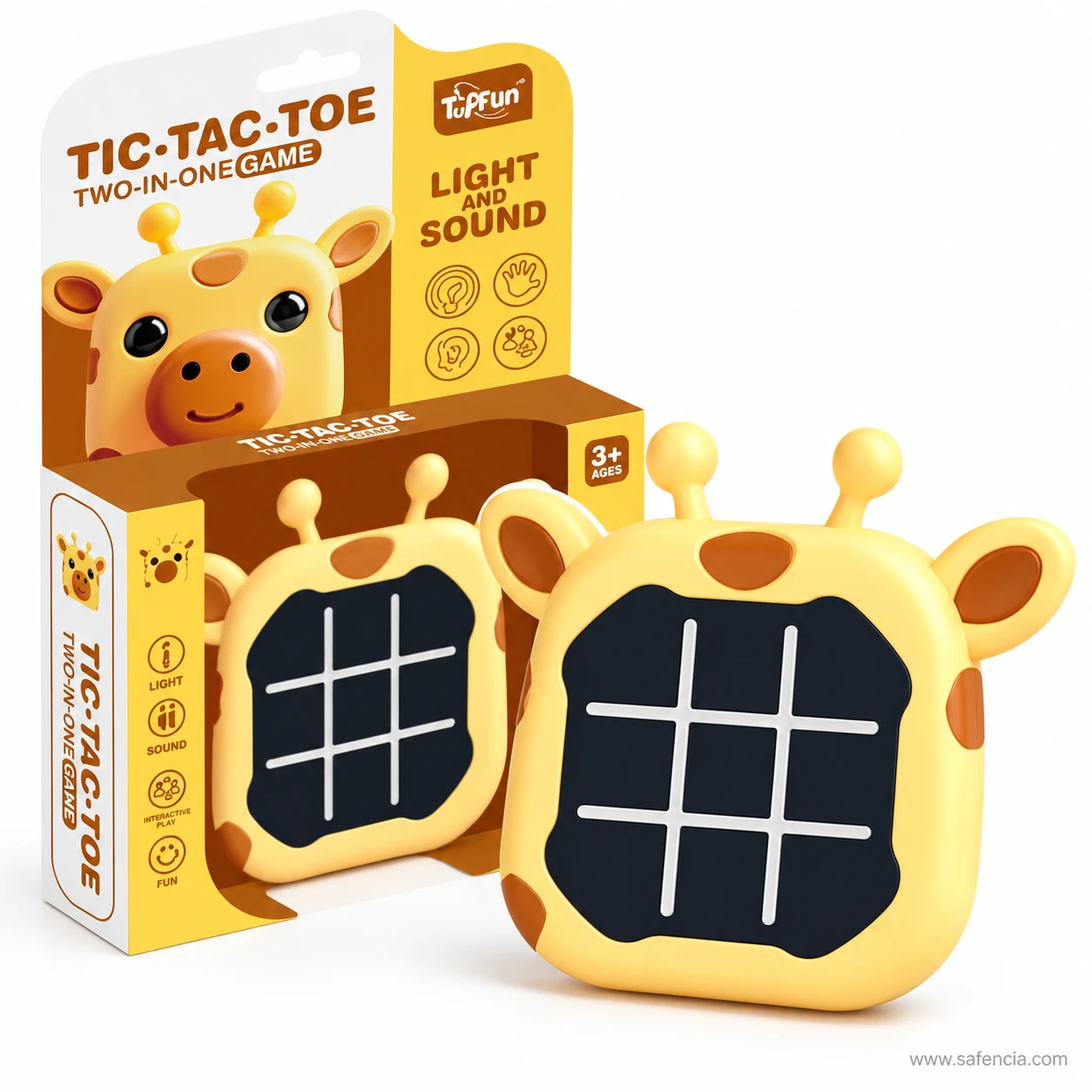 Giraffe tic-tac-toe game in front of its yellow and brown window box with age 3 plus label
