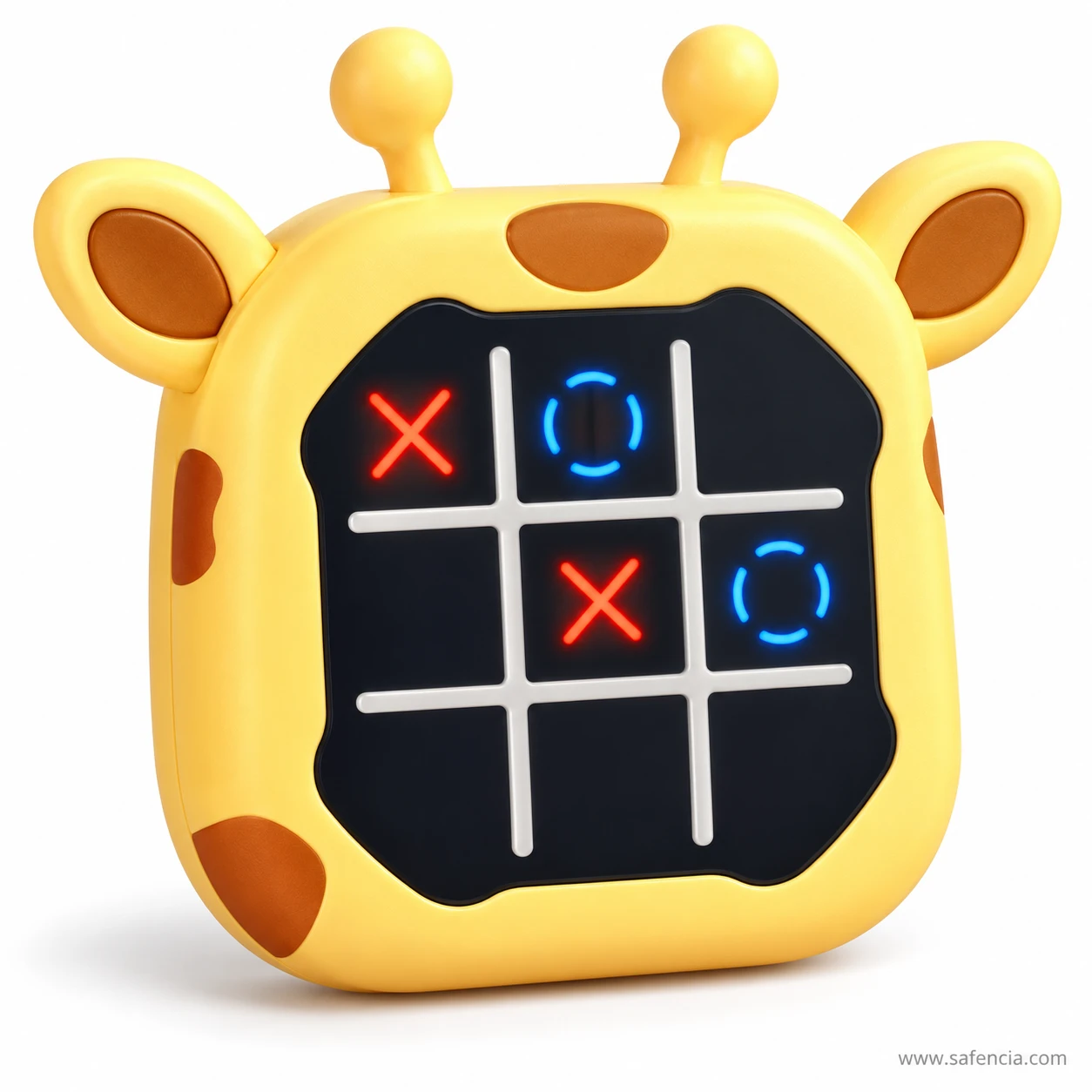 Giraffe tic-tac-toe game grid with glowing red X and blue O marks during a game
