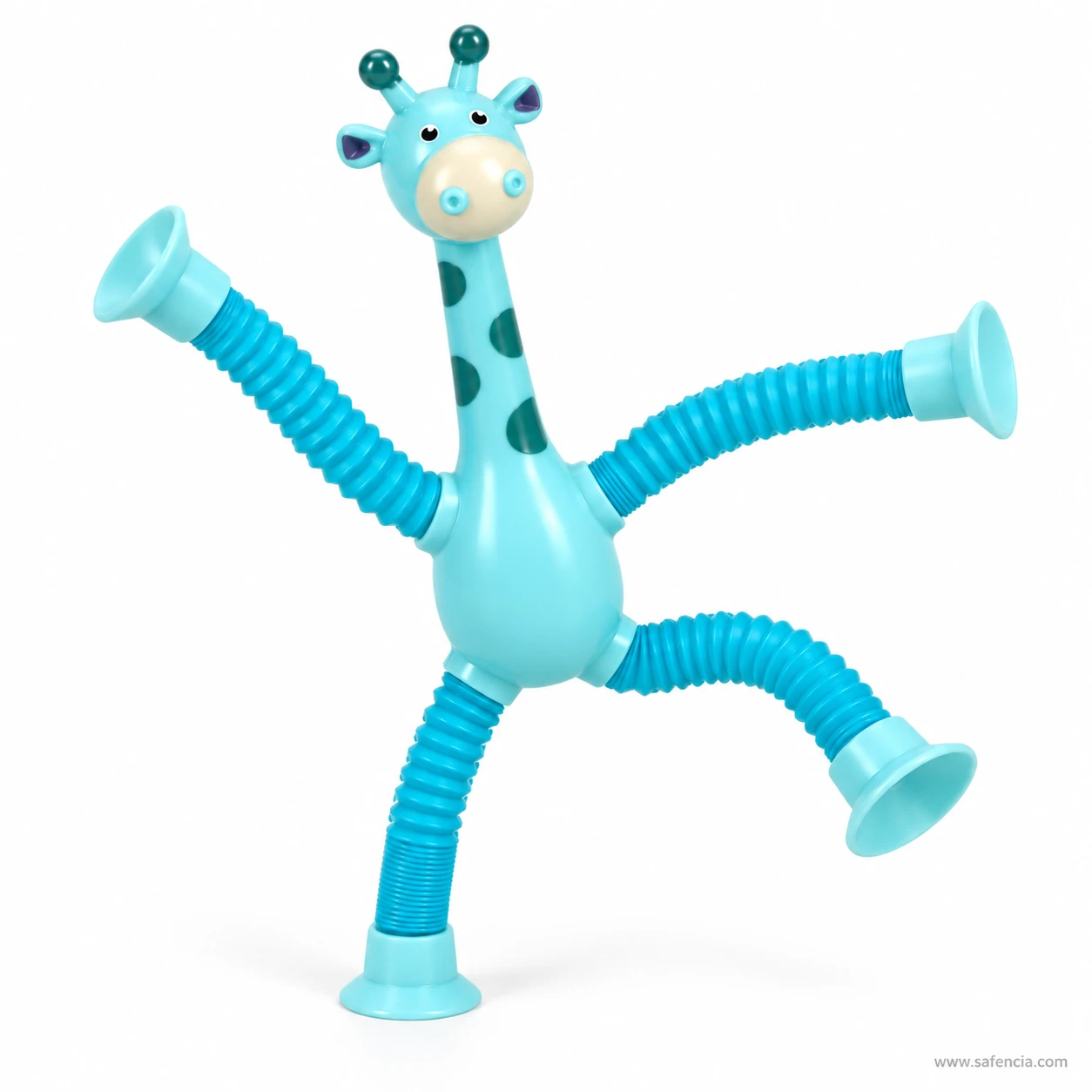 Blue giraffe pop tube toy with one leg stretched out and its arms reaching wide
