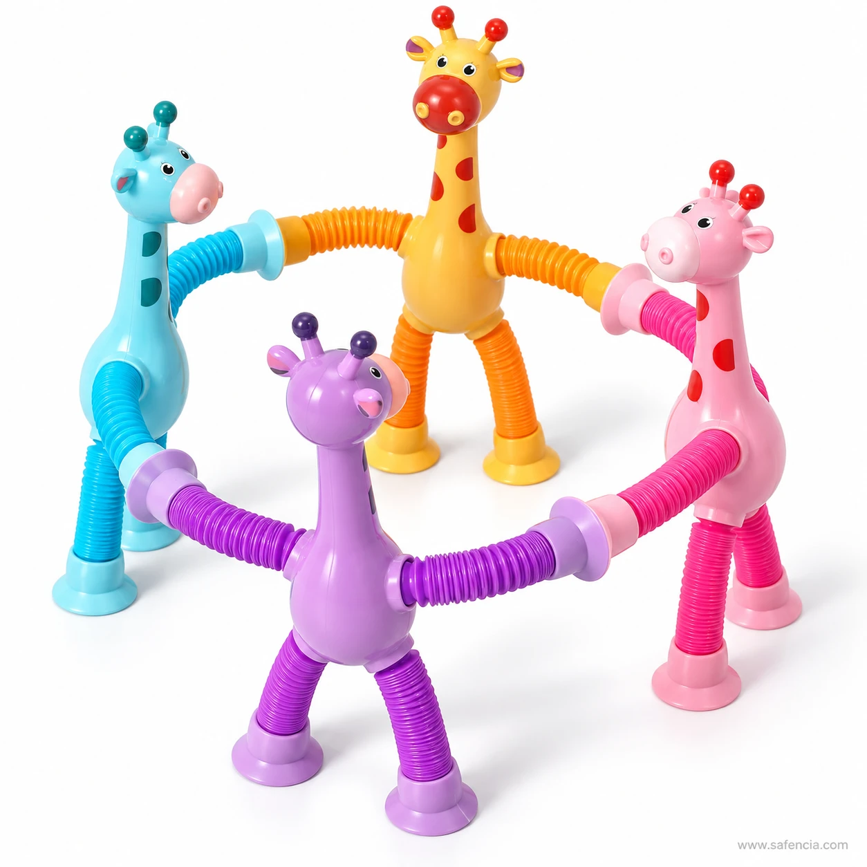 Four giraffe pop tube toys joining suction-cup hands to form a circle