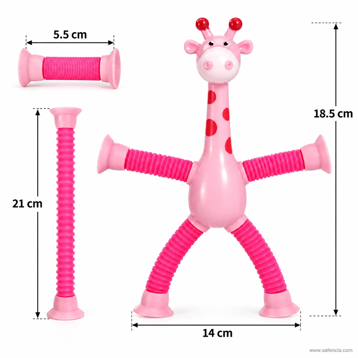 Pink giraffe pop tube toy with measurements: 18.5 cm tall, 14 cm wide, tube 5.5 cm stretching to 21 cm