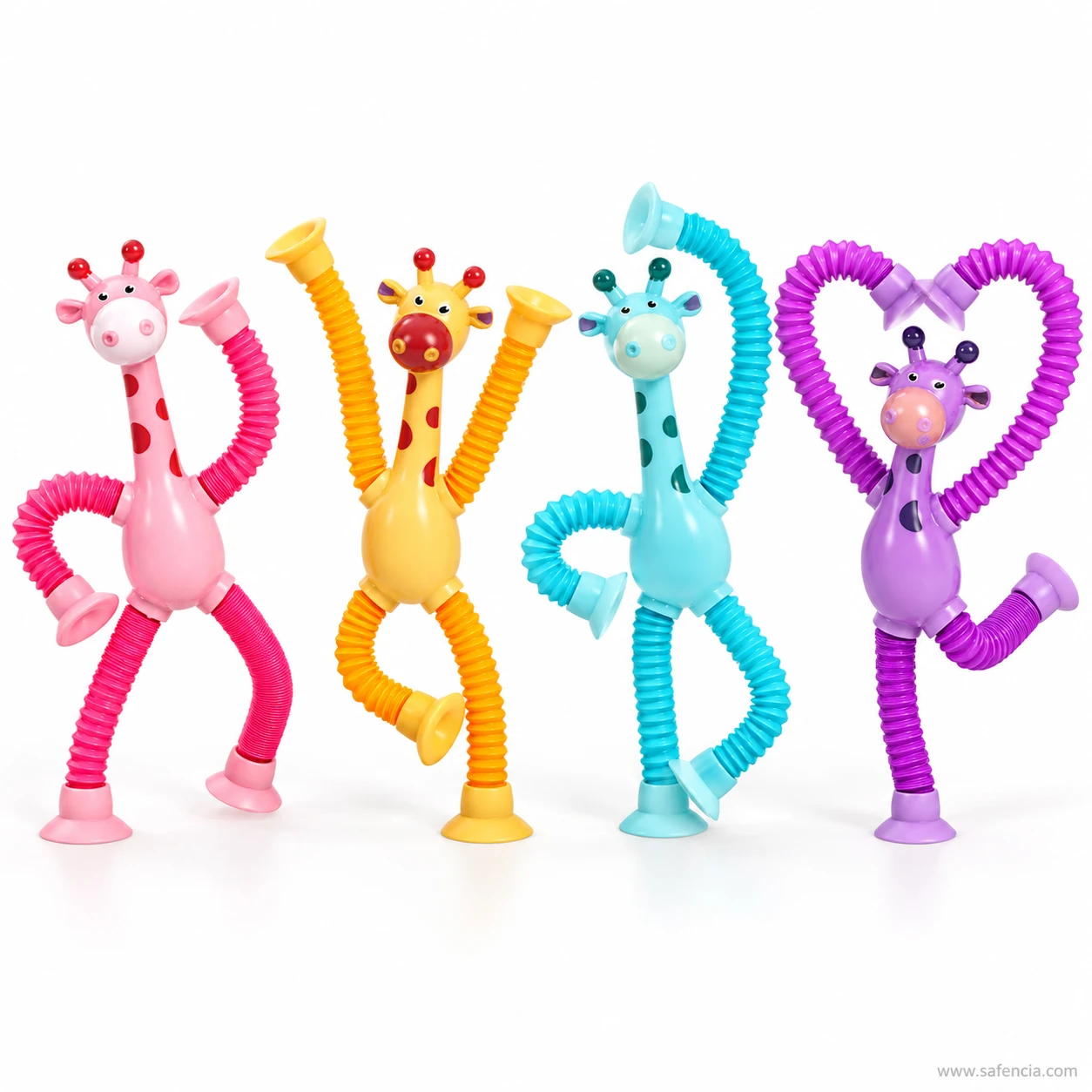 Four giraffe pop tube toys in different poses, one with its arms bent into a heart shape