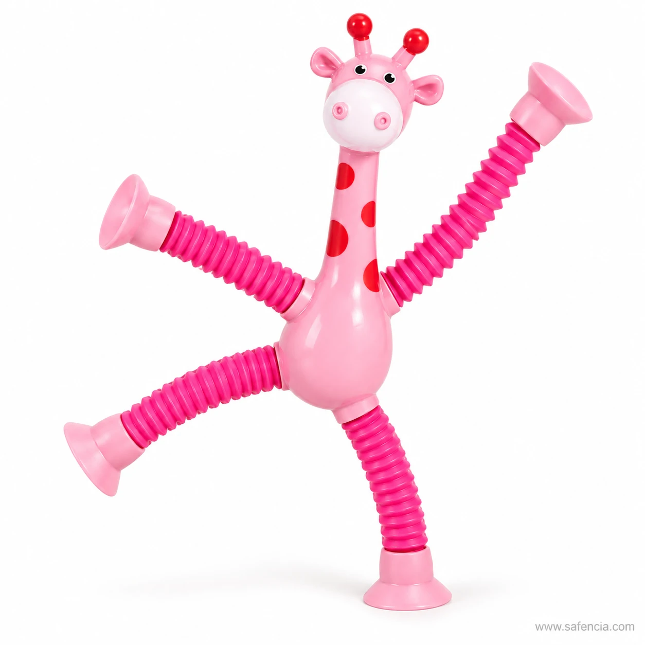 Pink giraffe pop tube toy mid-kick with one leg and one arm stretched out to the side