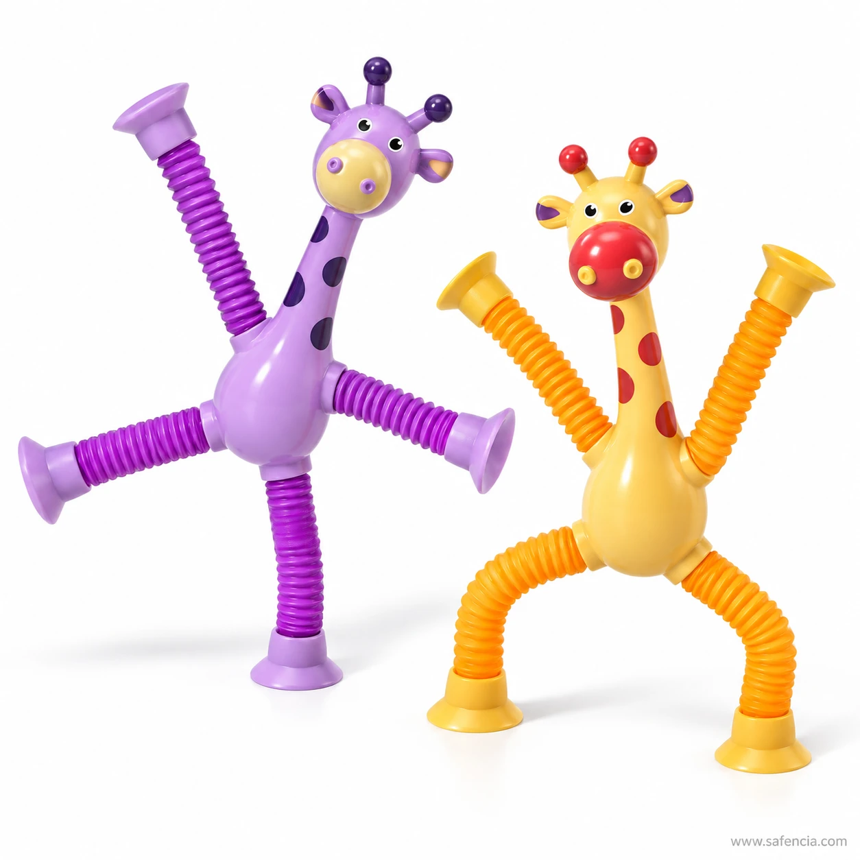 Purple and yellow giraffe pop tube toys standing on suction-cup feet with arms stretched out