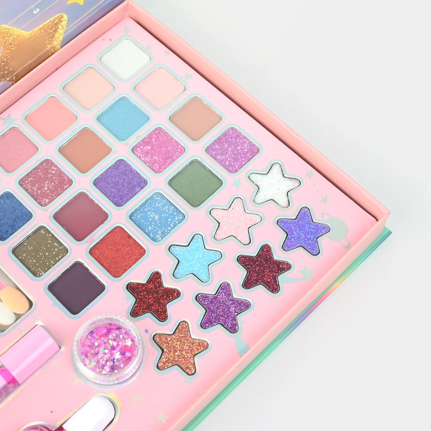 Girls All-in-One Glam Makeup Palette detail view - shades, glitter and lashes