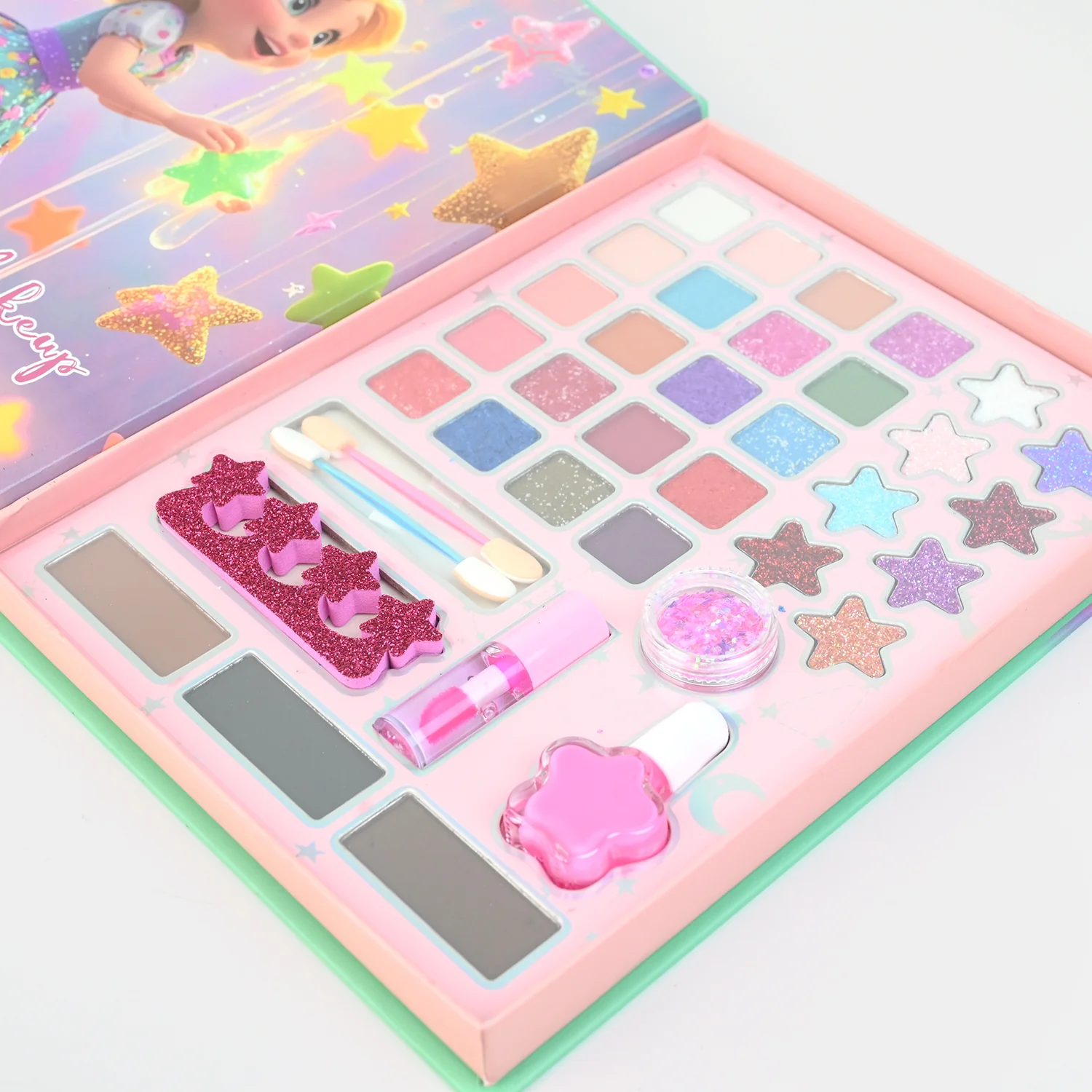 Girls All-in-One Glam Makeup Palette open view - eyeshadows, glitter, lip gloss and nail polish