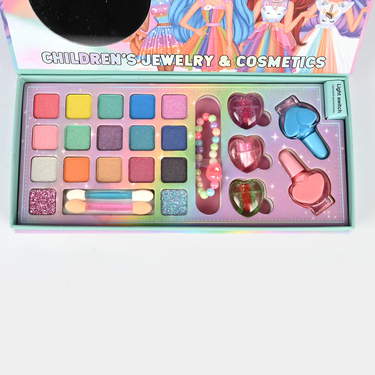 Girls Jewellery & Makeup Set open view - eyeshadows, beaded bracelet and hair clips