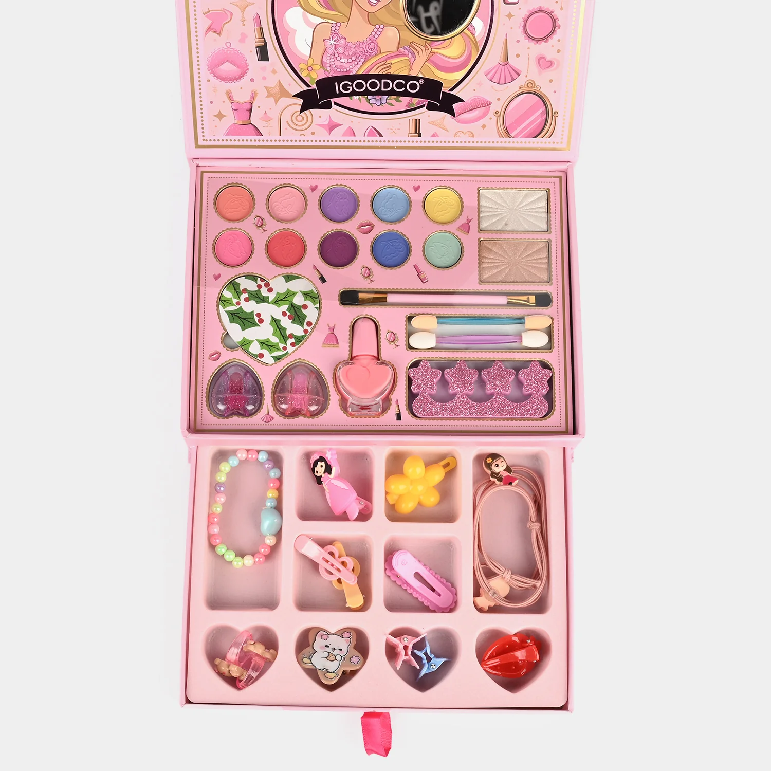 Girls Makeup & Accessories Set with Drawer open view - makeup tray and pull-out jewellery drawer