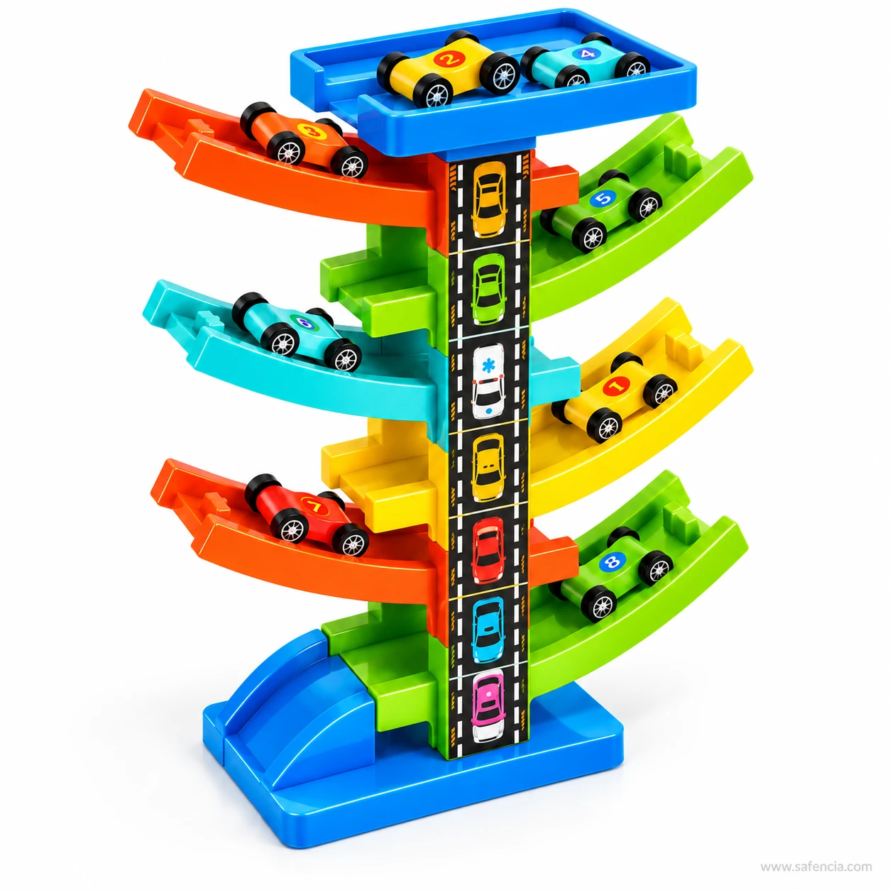 Close view of the curved gliding ramps on the railcar tower showing how each level faces the opposite way