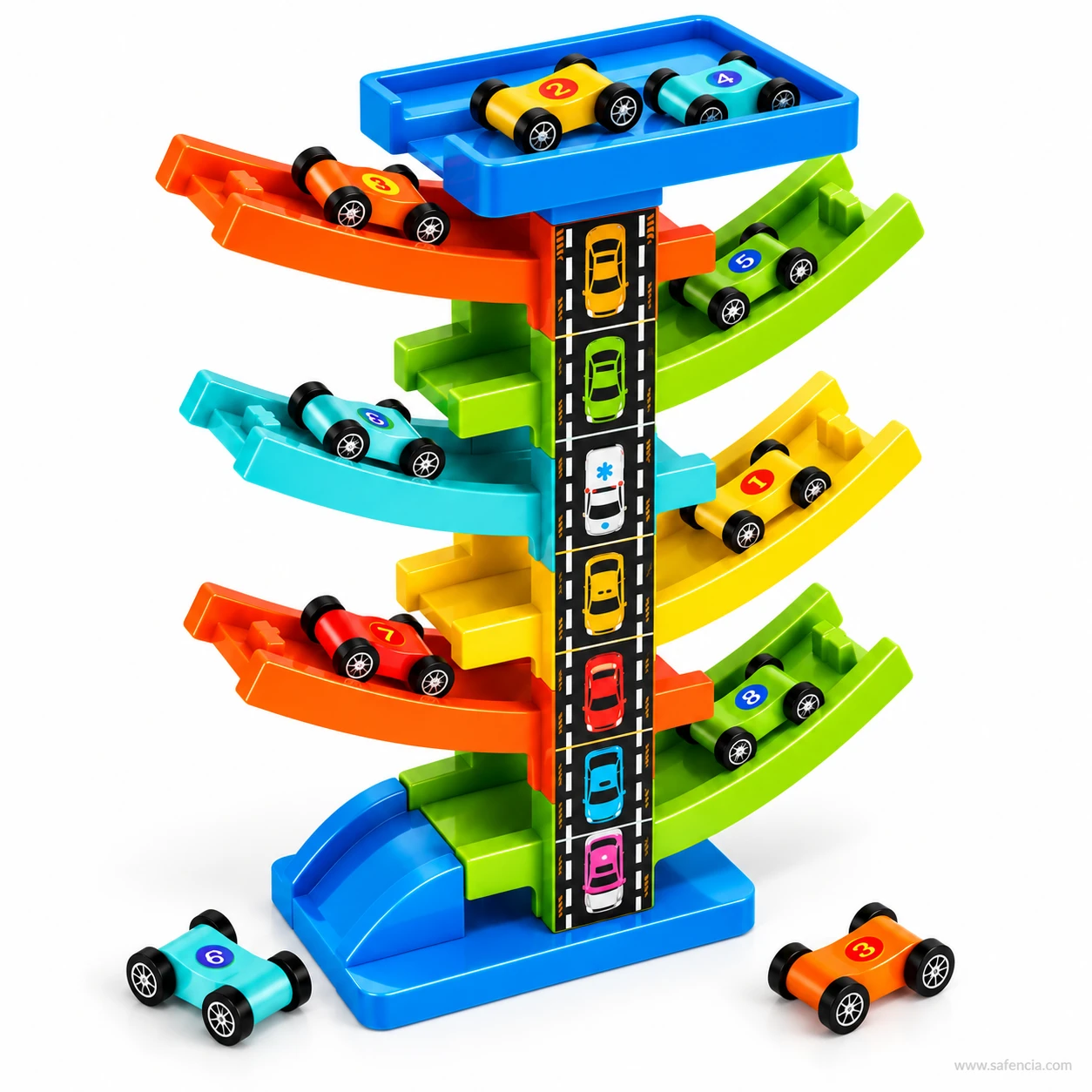 Gliding railcar tower with cars on the ramps and two more small cars standing loose beside the base