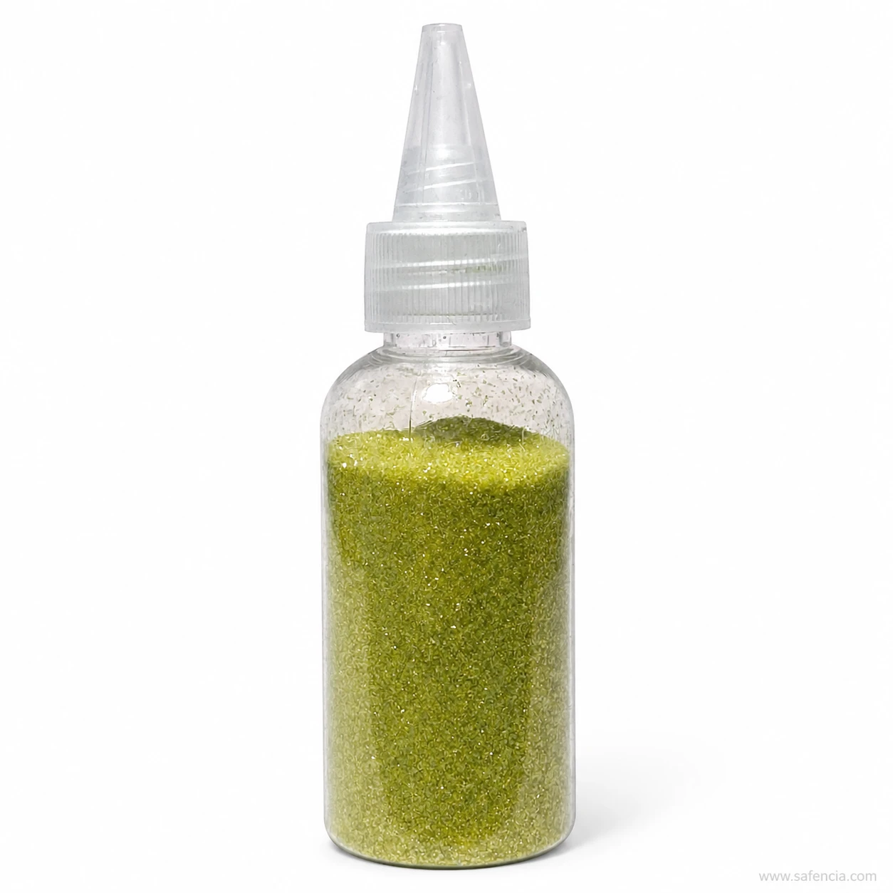 Fluorescent chartreuse glitter bottle with cone applicator tip