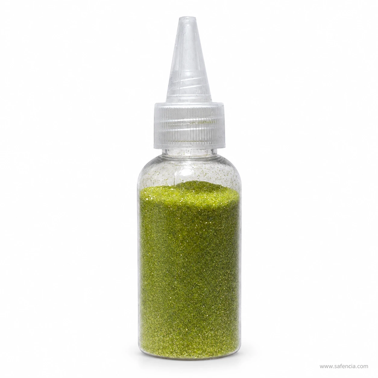 Second view of the olive green fluorescent glitter nozzle bottle