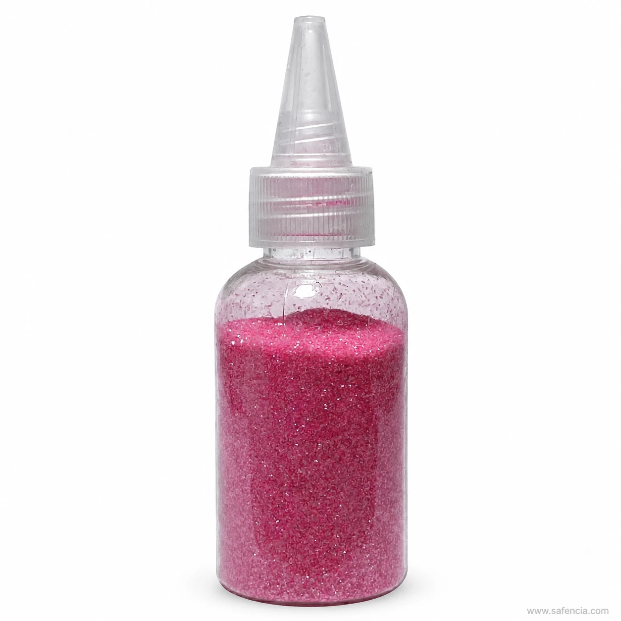 Fluorescent pink glitter bottle with a pointed nozzle applicator