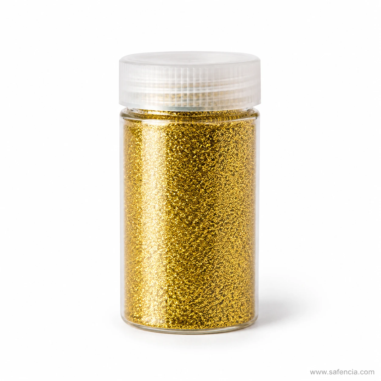 Fine gold glitter powder seen through a clear craft shaker bottle