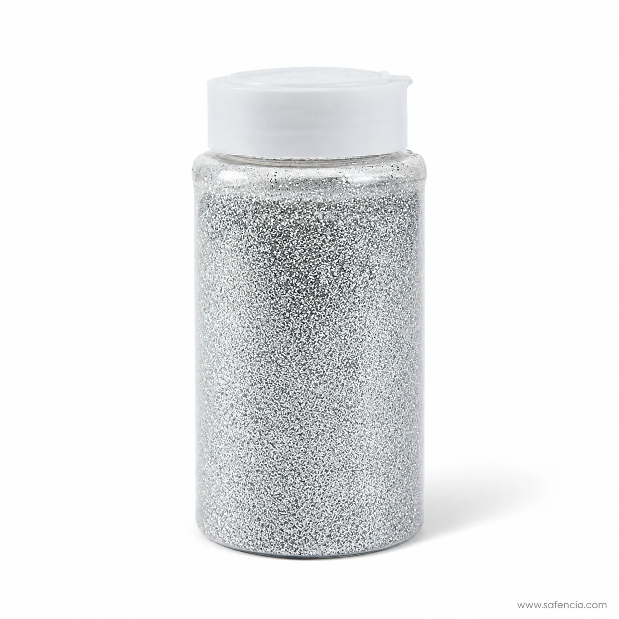 Silver craft glitter bottle showing the hinged flip-top lid closure