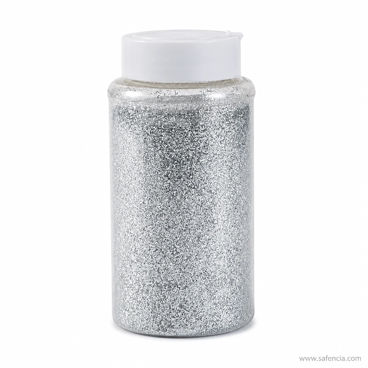 Fine silver glitter powder filling a tall clear shaker bottle