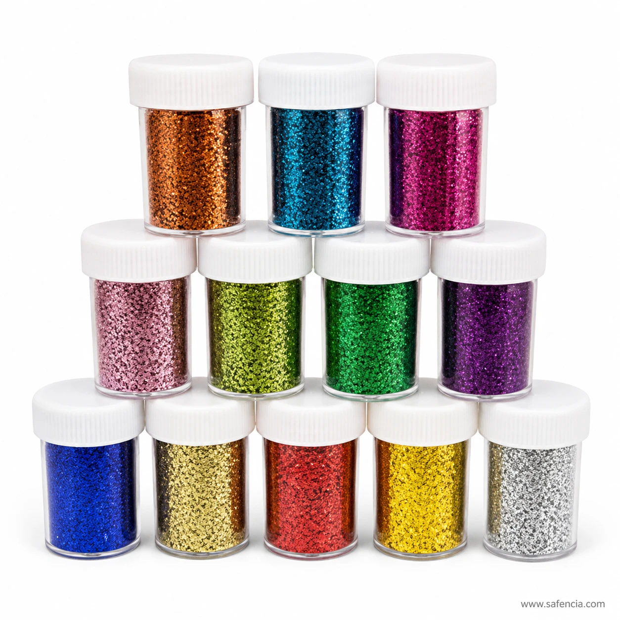 Twelve craft glitter bottles with white screw caps seen from the front
