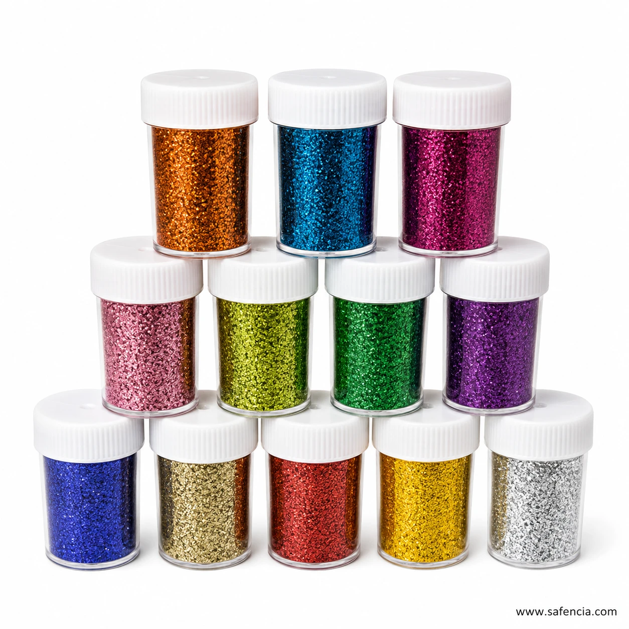Fine loose glitter powder visible through clear craft glitter bottles