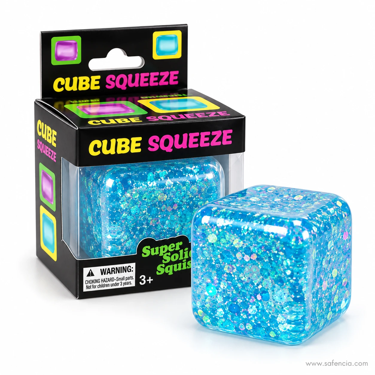 Blue glitter squishy cube beside its Cube Squeeze box marked Super Solid Squish with a 3+ age mark
