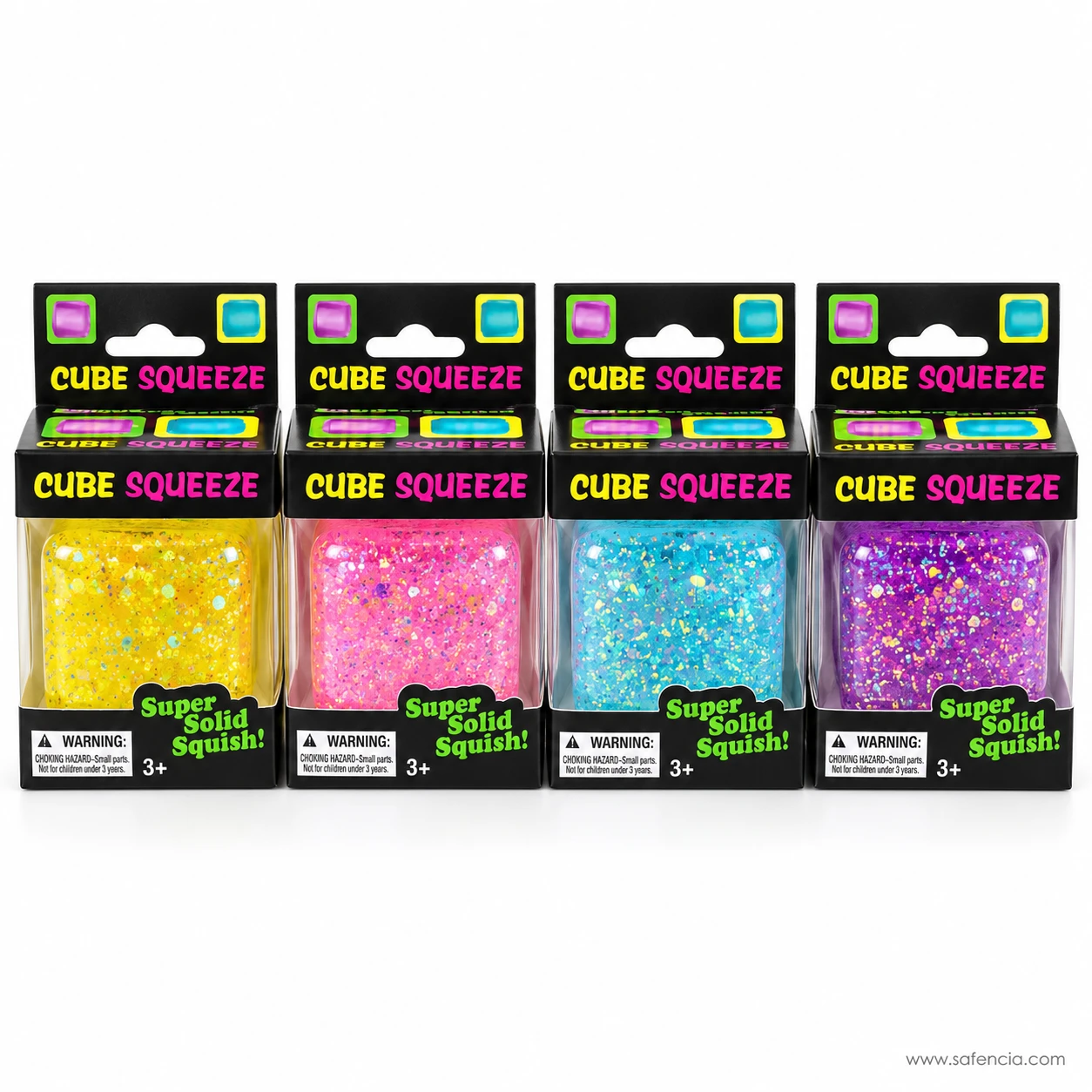 Four boxed glitter squishy cubes in yellow, pink, blue and purple in black Cube Squeeze window boxes