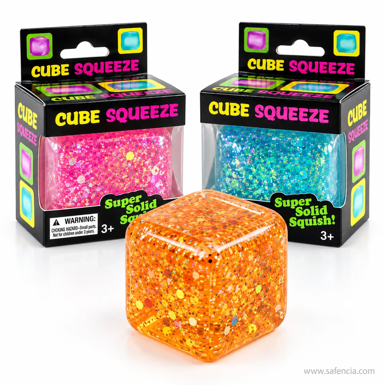 Orange glitter squishy cube in front of pink and teal boxed glitter cubes in Cube Squeeze packaging