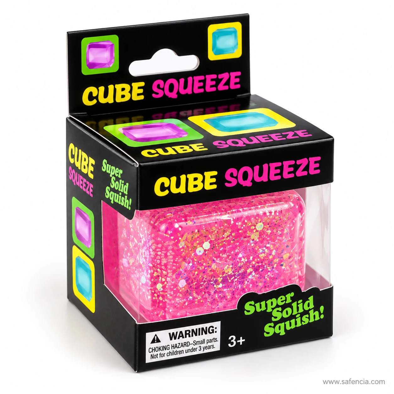 Pink glitter squishy cube inside its black Cube Squeeze window box with neon lettering