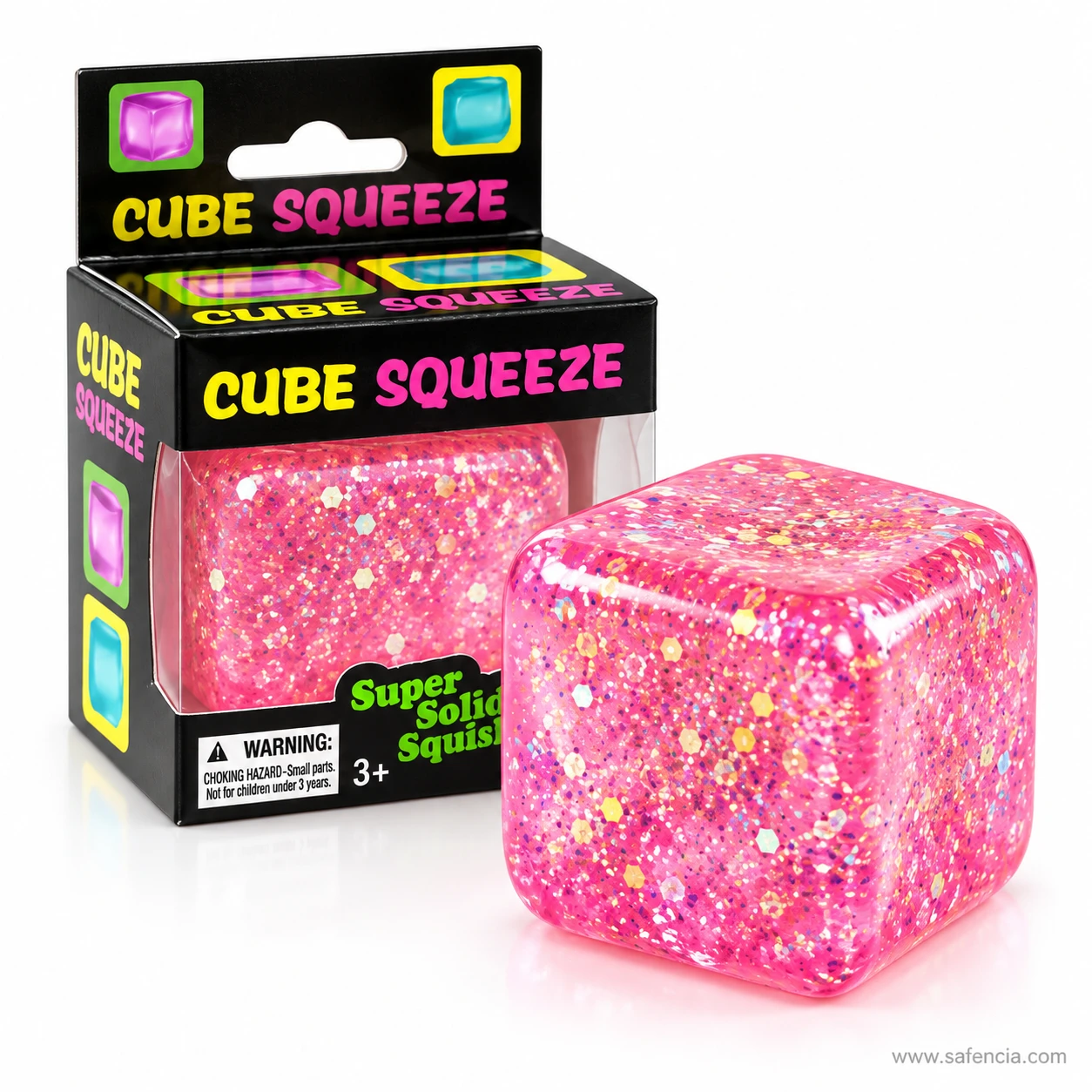 Pink glitter squishy cube with softly rounded corners standing beside its Cube Squeeze box