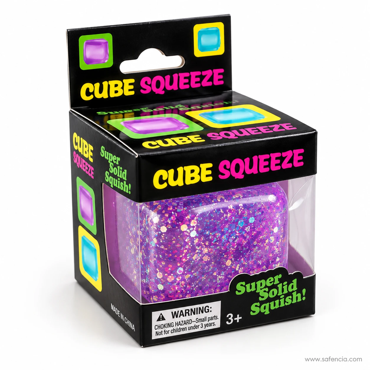 Purple glitter squishy cube packed with pink and silver flakes inside its Cube Squeeze window box